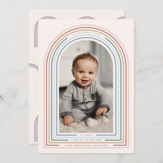 Regelboogstraal 1e verjaardag Uitnodiging (Voorkant / Achterkant)