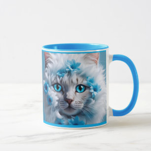 Regelmatige blauwe mok met mooie witte kat