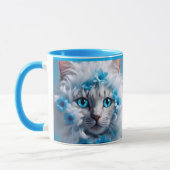 Regelmatige blauwe mok met mooie witte kat (Links)