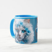Regelmatige blauwe mok met mooie witte kat (Voorkant links)