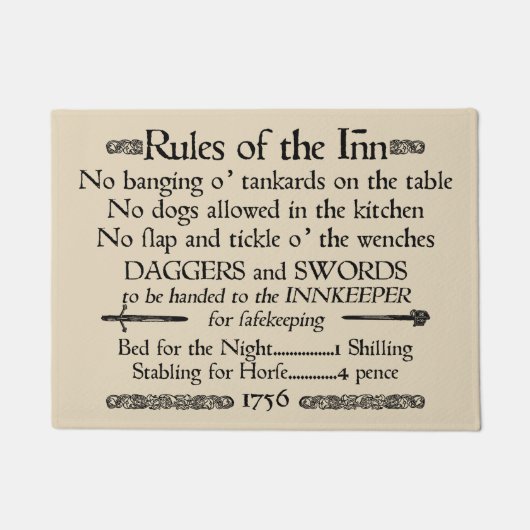 Regels van de Inn, 18e eeuwse Innkeeper Sign. Deurmat (Voorkant)