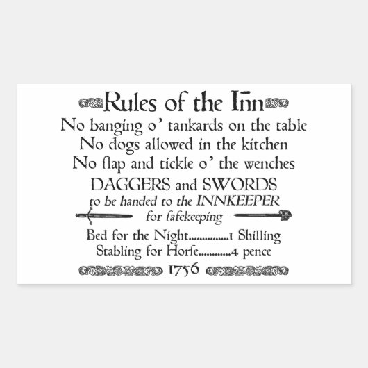 Regels van de Inn, 18e eeuwse Innkeeper Sign. Rechthoekige Sticker (Voorkant)