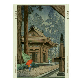 Regen bij Enryakuji-tempel Shin Hanga-kunstwerk Perfect Poster