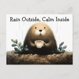 Regen buiten, kalmte binnen. Mol drinkt koffie Feestdagenkaart