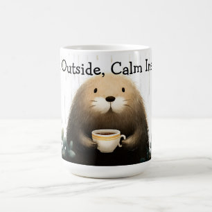 Regen buiten, kalmte binnen. Mol drinkt koffie Koffiemok