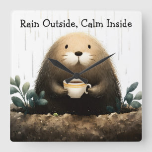 Regen buiten, kalmte binnen. Mol drinkt koffie Vierkante Klok
