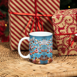 Regen met blauwe lucht en kleurrijke donuts koffiemok