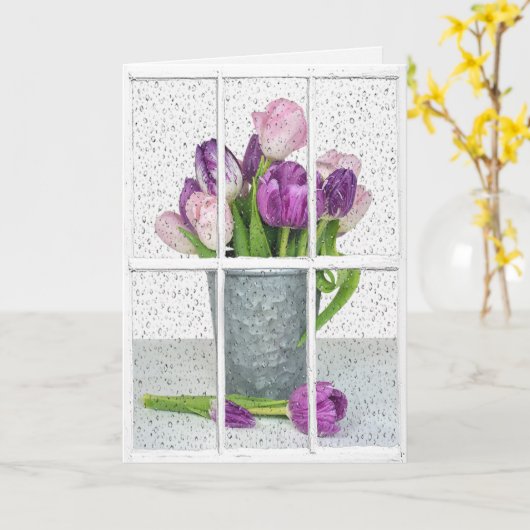 regen op raam met tulp bouquet kaart (Gele Bloem)