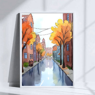 Regenacht in Boston Watercolor MA Reis Poster