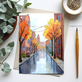 Regenacht in Boston | Waterverf MA Reis Briefkaart