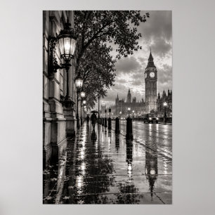 Regenachtig Londen Big Ben Zwart en Wit Muurkunst Poster