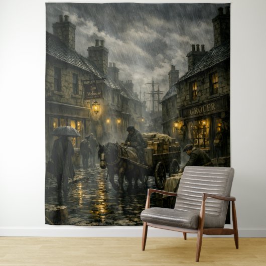 Regenachtig Victoriaans straatbeeld van BurnsInHel Wandkleed (In situ)