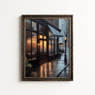 Regenachtige Bistro Straat Cafe Muurposter Poster