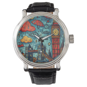 Regenachtige dag in Londen, kleurrijke Doodle illu Horloge