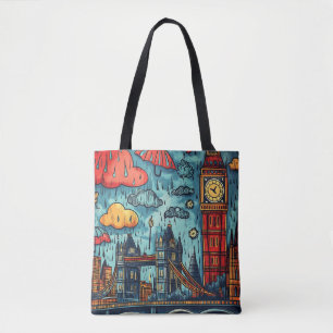 Regenachtige dag in Londen, kleurrijke Doodle illu Tote Bag