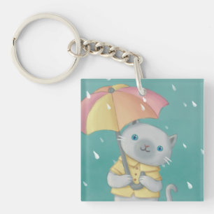 Regenachtige Dag: Kat & Paraplu Illustratie Sleutelhanger