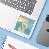 Regenachtige Dag: Kat & Paraplu Illustratie Sticker (Laptop met iPhone)