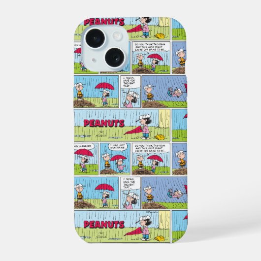 Regenachtige dag op de honkbalwedstrijd iPhone 15 case (Achterkant)