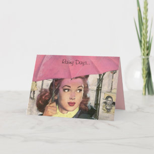 Regenachtige dagen. Vereist roze paraplu's! Retro- Kaart