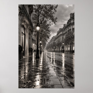 Regenachtige Europese Boulevard Zwart-Wit Muurkuns Poster