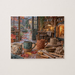 Regenachtige herfstpottenbakkerij binnenplaats legpuzzel