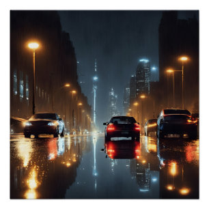 Regenachtige nacht. Cityscape Poster