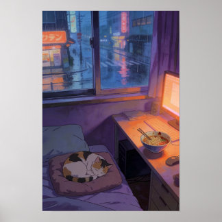 Regenachtige Nacht Ramen Knus Anime Toevluchtsoord Poster
