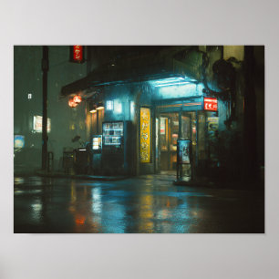 Regenachtige Neon Japanse Hoekwinkel Poster