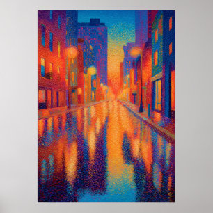 Regenachtige Stad Straat Pointillisme Lichten Poster