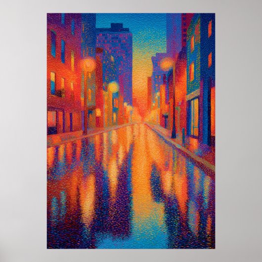 Regenachtige Stad Straat Pointillisme Lichten Poster (Voorkant)