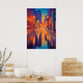 Regenachtige Stad Straat Pointillisme Lichten Poster (Keuken)