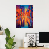 Regenachtige Stad Straat Pointillisme Lichten Poster (Thuiskantoor)
