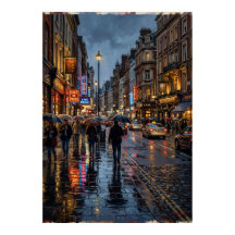 Regenachtige Stad Straat Poster | Neon Licht Nacht