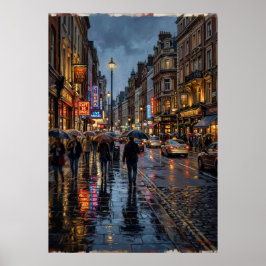Regenachtige Stad Straat Poster | Neon Licht Nacht