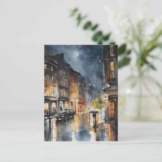 Regenachtige stad waterverf kunst briefkaart (Staand voorkant)