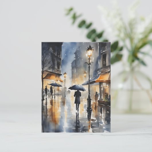 Regenachtige stad waterverf kunst briefkaart (Staand voorkant)