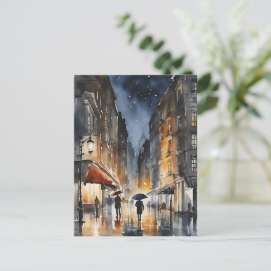 Regenachtige stad waterverf kunst briefkaart (Staand voorkant)