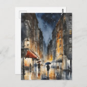 Regenachtige stad waterverf kunst briefkaart (Voorkant / Achterkant)
