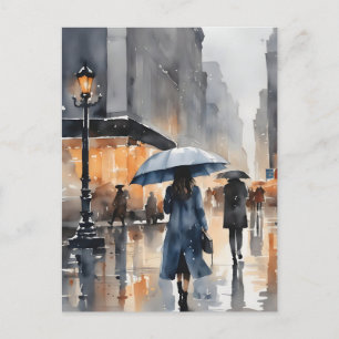 Regenachtige stad waterverf kunst briefkaart
