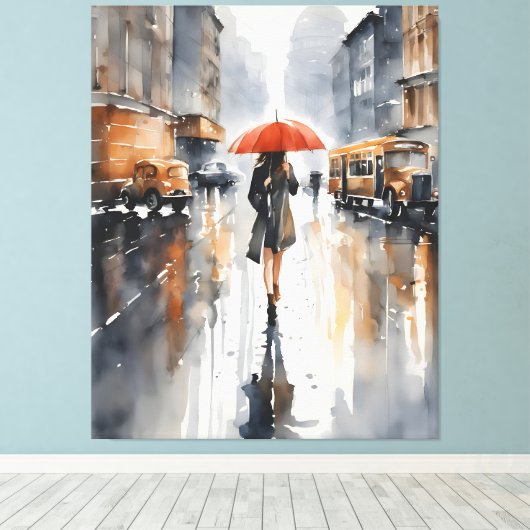 Regenachtige stad waterverf kunst canvas afdruk (Insitu (Houten vloer))