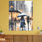Regenachtige stad waterverf kunst canvas afdruk (Insitu (Woonkamer))