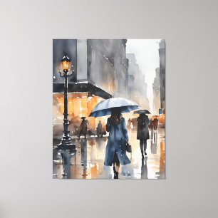 Regenachtige stad waterverf kunst canvas afdruk