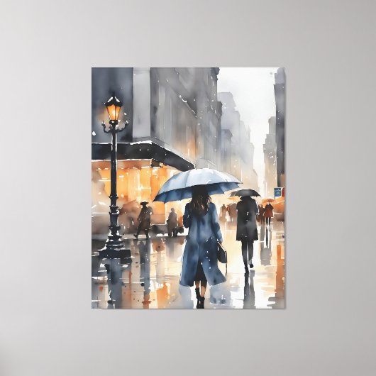 Regenachtige stad waterverf kunst canvas afdruk (Voorkant)