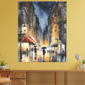 Regenachtige stad waterverf kunst canvas afdruk (Insitu (Woonkamer))