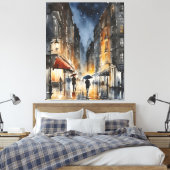 Regenachtige stad waterverf kunst canvas afdruk (Insitu (Slaapkamer))