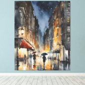 Regenachtige stad waterverf kunst canvas afdruk (Insitu (Houten vloer))