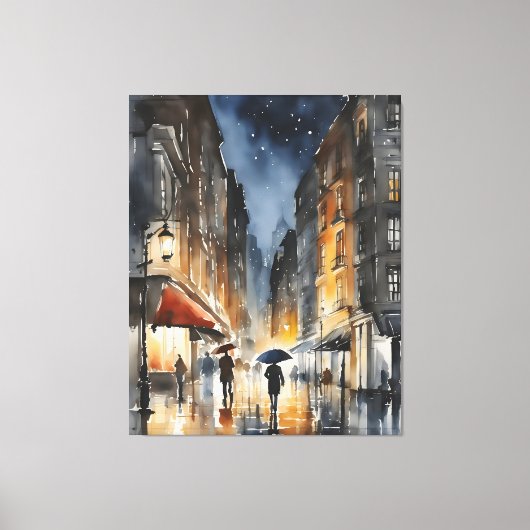 Regenachtige stad waterverf kunst canvas afdruk (Voorkant)