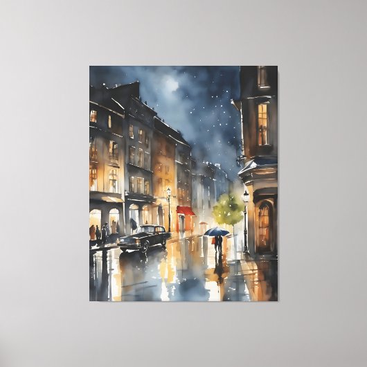 Regenachtige stad waterverf kunst canvas afdruk (Voorkant)