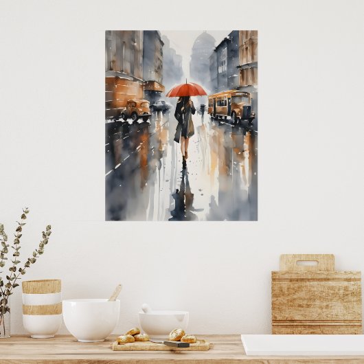 Regenachtige stad waterverf kunst poster (Keuken)