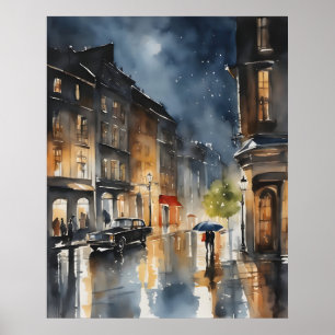 Regenachtige stad waterverf kunst poster